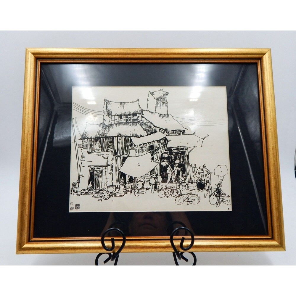 Japanese Traditional Scenery Painting Pen Ink Print Signed Asian Village Matted